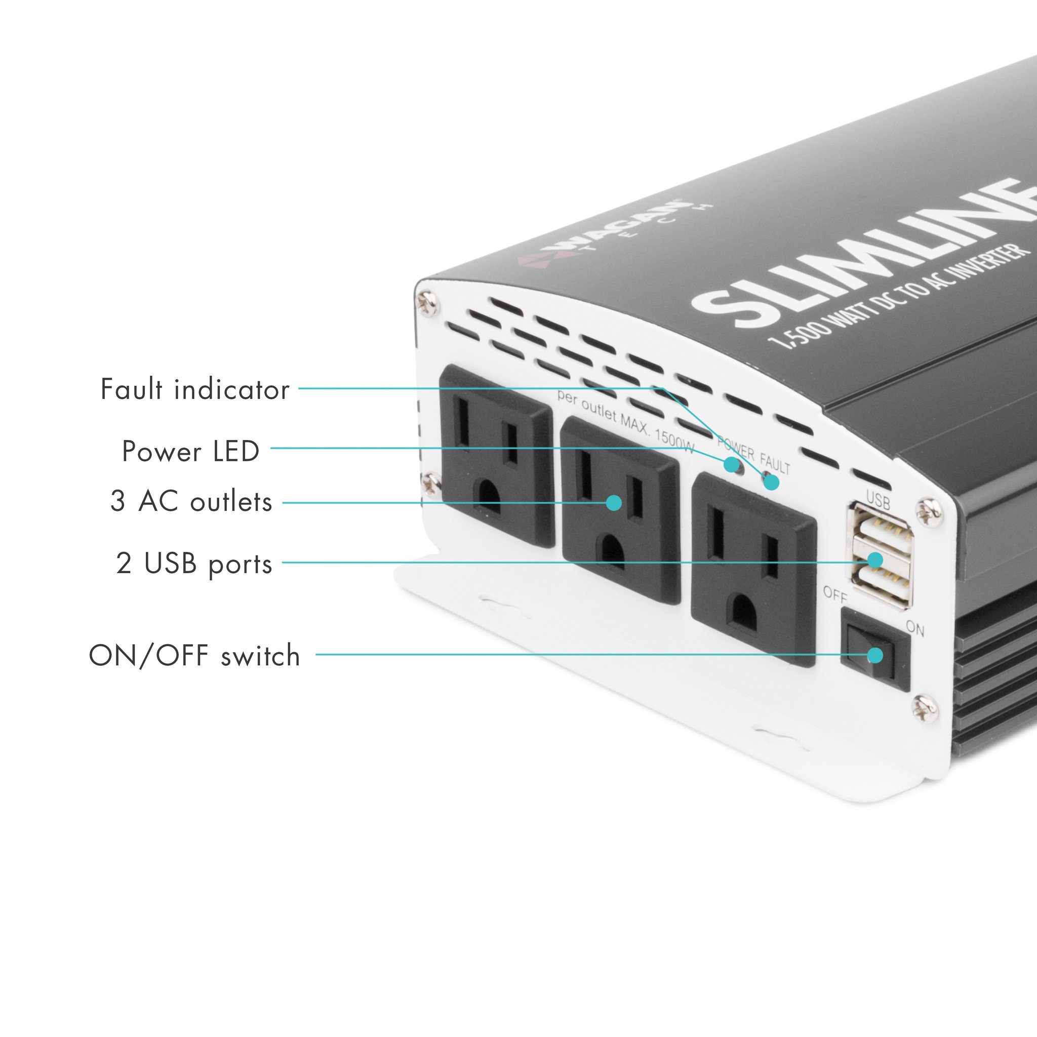 Inversor de Corriente CA 1500W TrueRated 12V SlimLine Wagan - Imagen 3