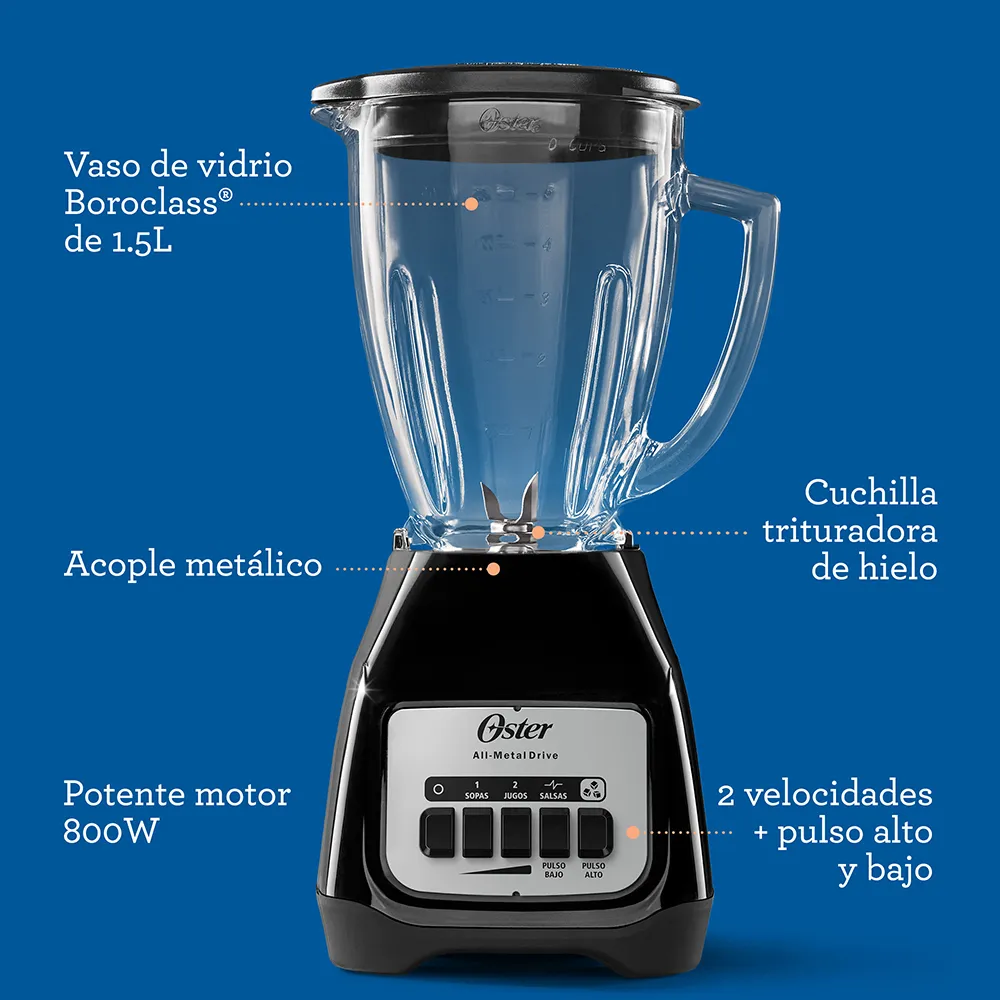 Licuadora 2 Velocidades Vaso de Vidrio Negro Oster - Imagen 5