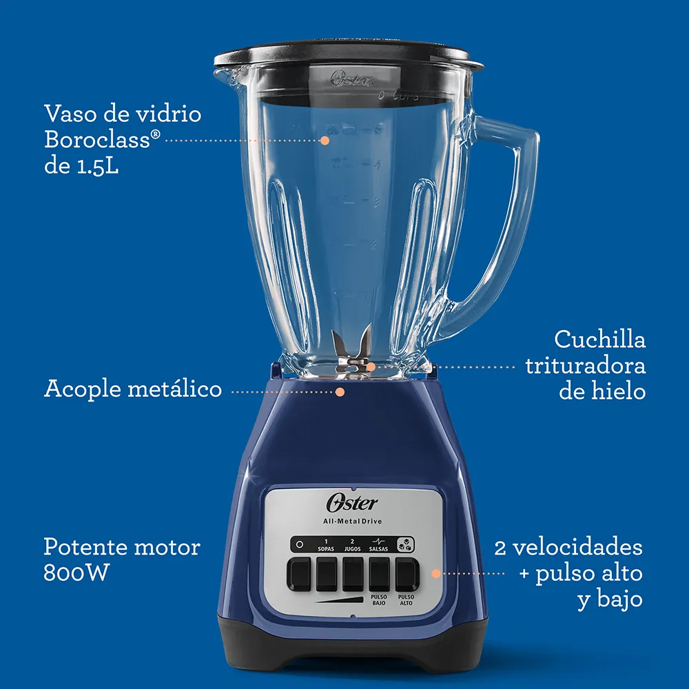 Licuadora 2 Velocidades Vaso de Vidrio Azul Oster - Imagen 5